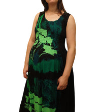 Load image into Gallery viewer, Long Smocked Dress One Size Black Green Abstract