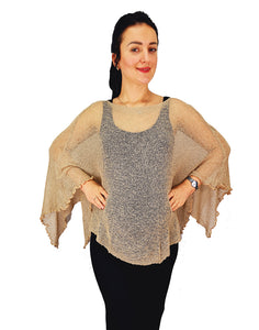 Crochet Lace Knit Batwing Poncho - Beige
