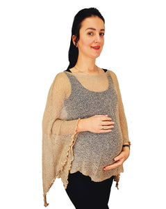 Crochet Lace Knit Batwing Poncho - Beige