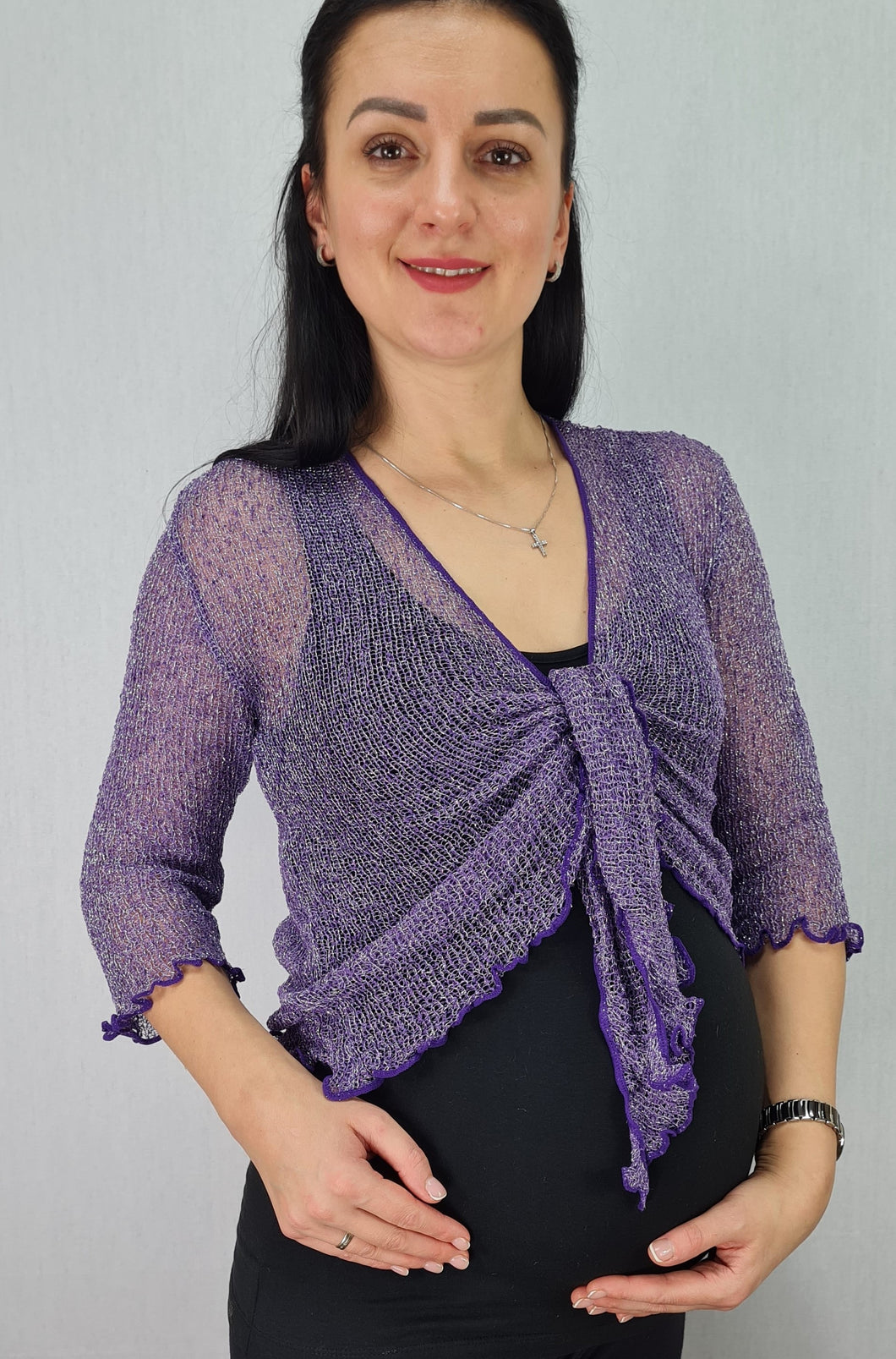 Lurex Thread Crochet Lace Net Shrug - Purple/Silver