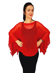 Crochet Lace Knit Batwing Poncho - Red