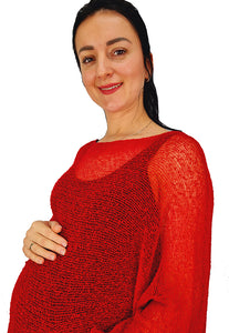 Crochet Lace Knit Batwing Poncho - Red