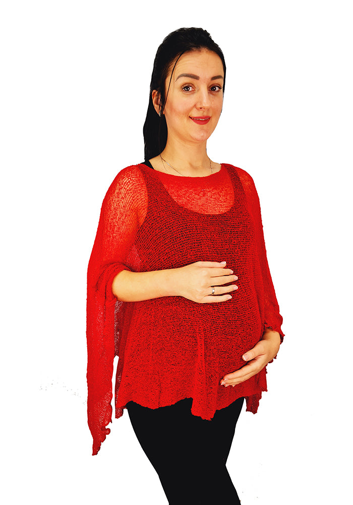 Crochet Lace Knit Batwing Poncho - Red