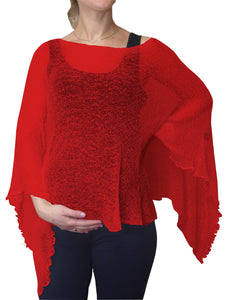 Crochet Lace Knit Batwing Poncho - Red