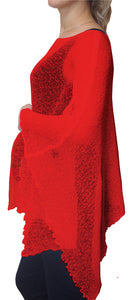 Crochet Lace Knit Batwing Poncho - Red