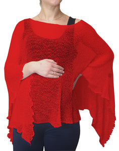 Crochet Lace Knit Batwing Poncho - Red